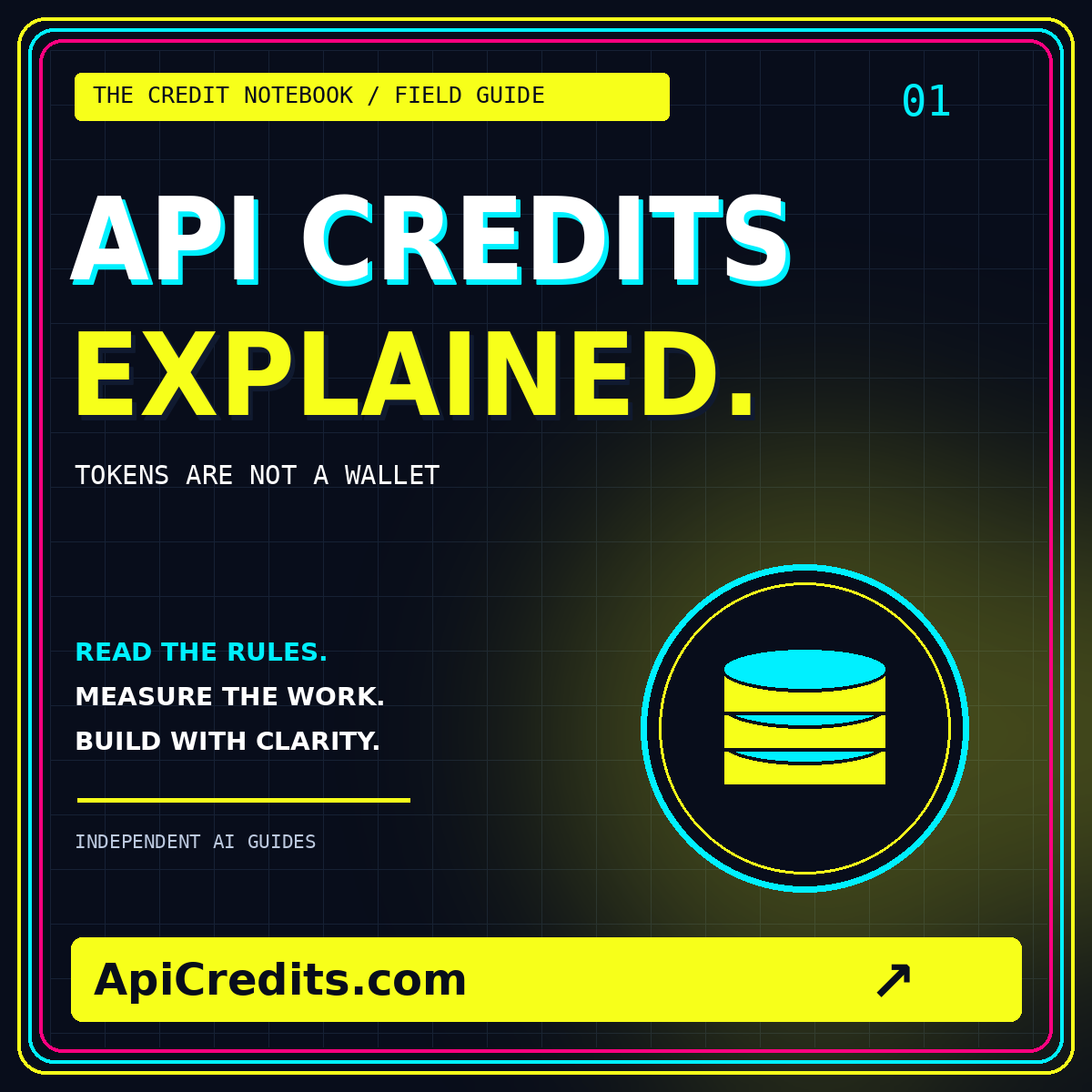 Neon typography card for API credits, branded ApiCredits.com