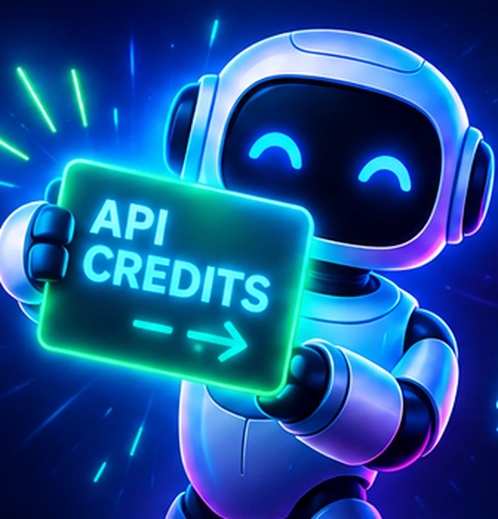 Neon blue robot holding an API Credits sign