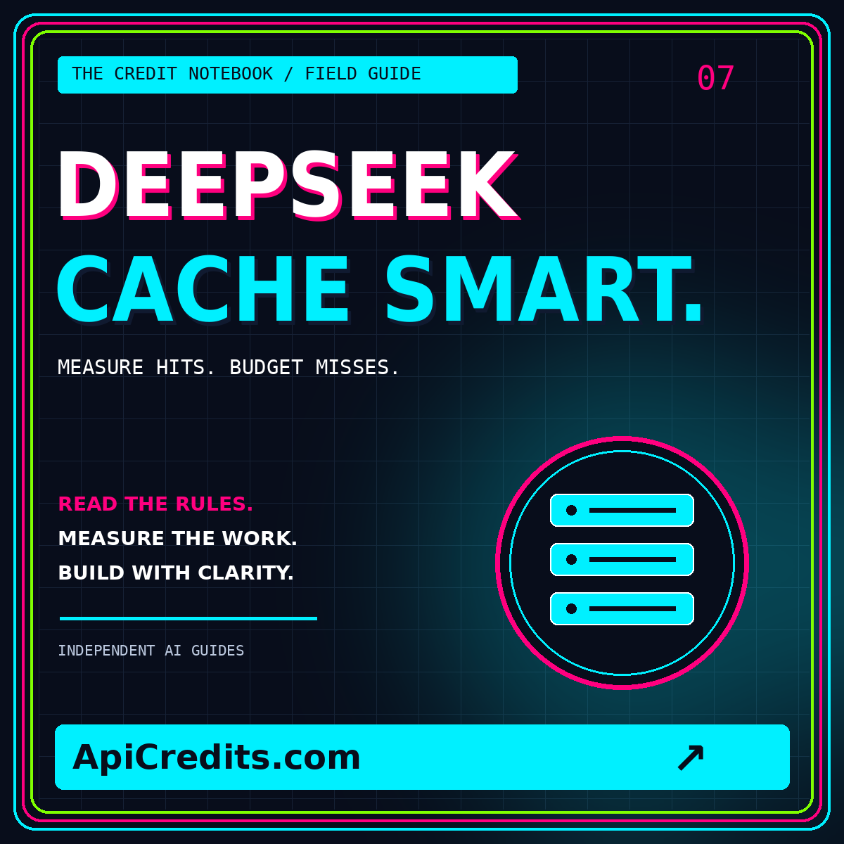 Neon typography card for DeepSeek API credits, branded ApiCredits.com
