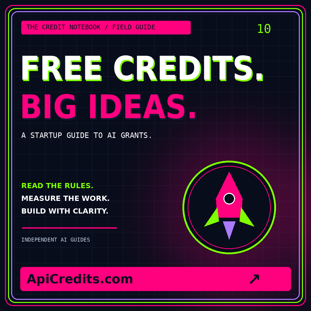 Neon typography card for Free API credits and startup AI credits, branded ApiCredits.com