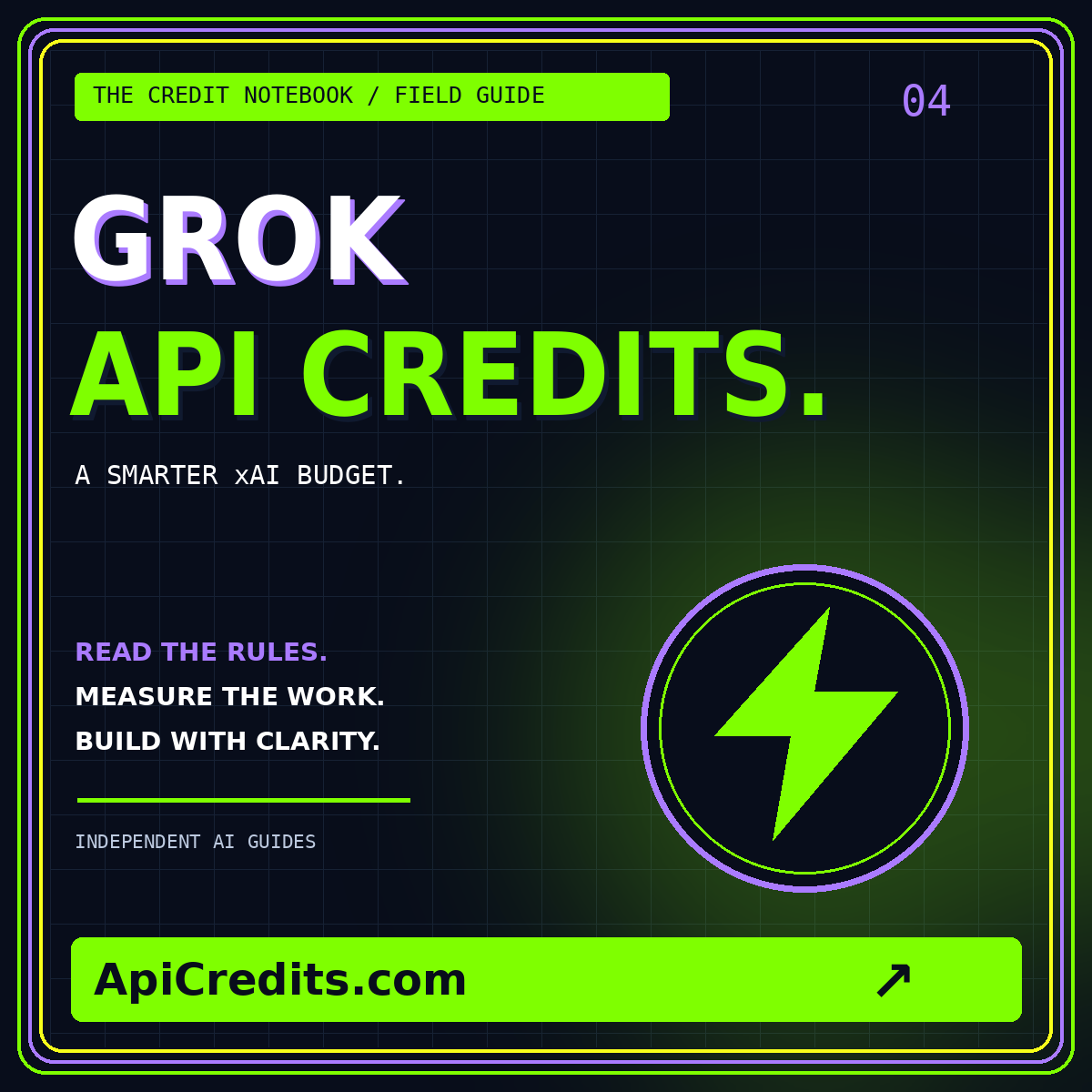 Neon typography card for Grok AI API credits, branded ApiCredits.com