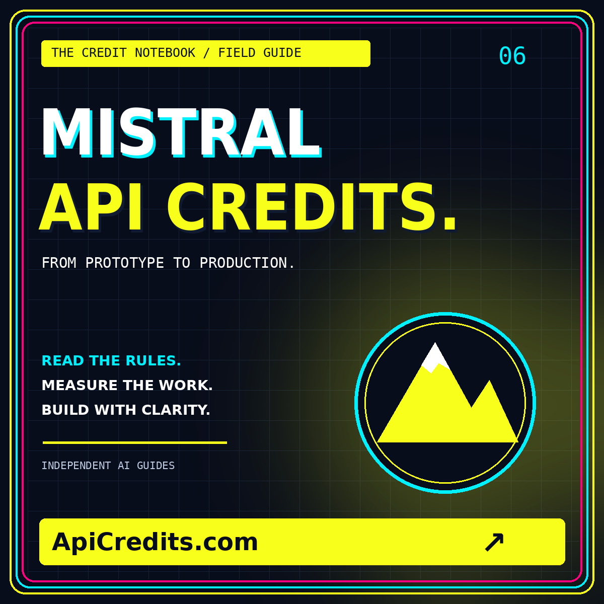 Neon typography card for Mistral API credits, branded ApiCredits.com