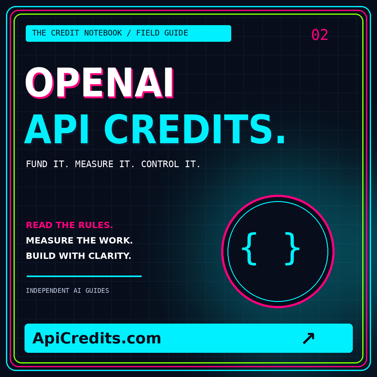 Neon typography card for OpenAI API credits, branded ApiCredits.com