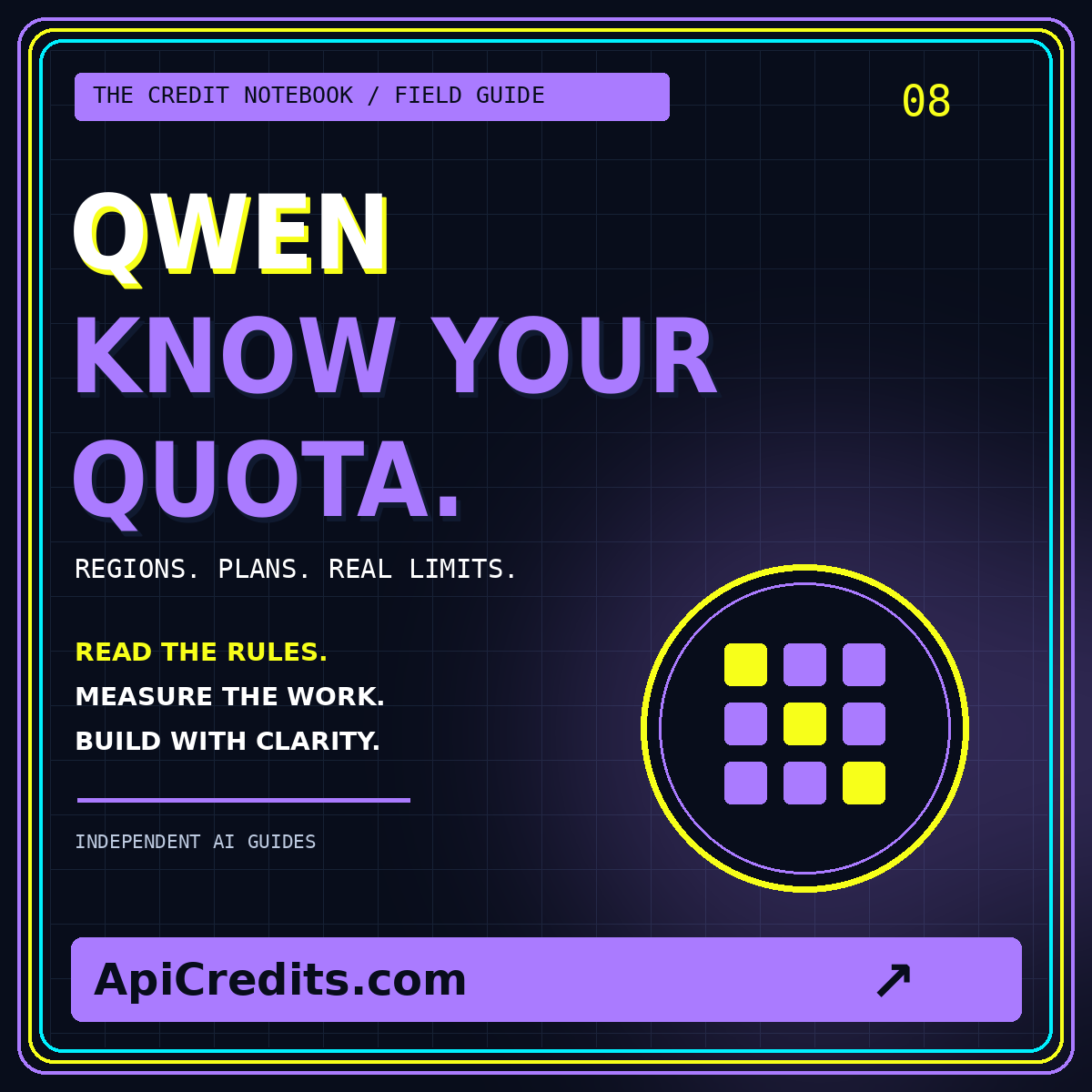 Neon typography card for Qwen API credits, branded ApiCredits.com